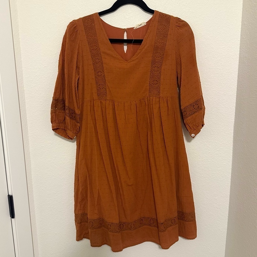 Roolee Brown Swiss Dots Flowy Babydoll Dress 3/4 Sleeveless Size Small Women’s